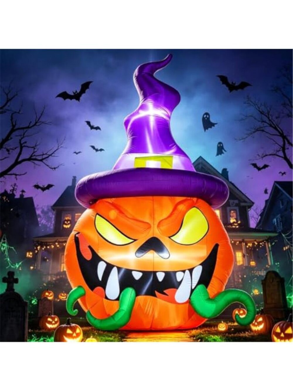 12FT Halloween Inflatable Blow Up Decorations, Giant Pumpkin wear Witch's hat